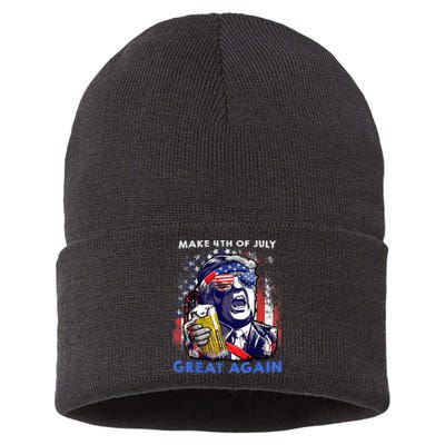 Make 4th Of July Great Again Funny Trump Drinking Beer Sustainable Knit Beanie