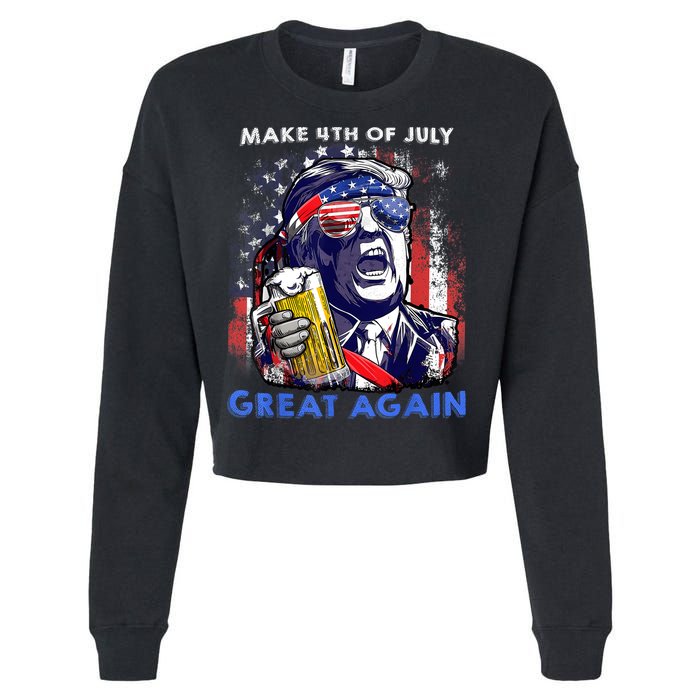 Make 4th Of July Great Again Funny Trump Drinking Beer Cropped Pullover Crew