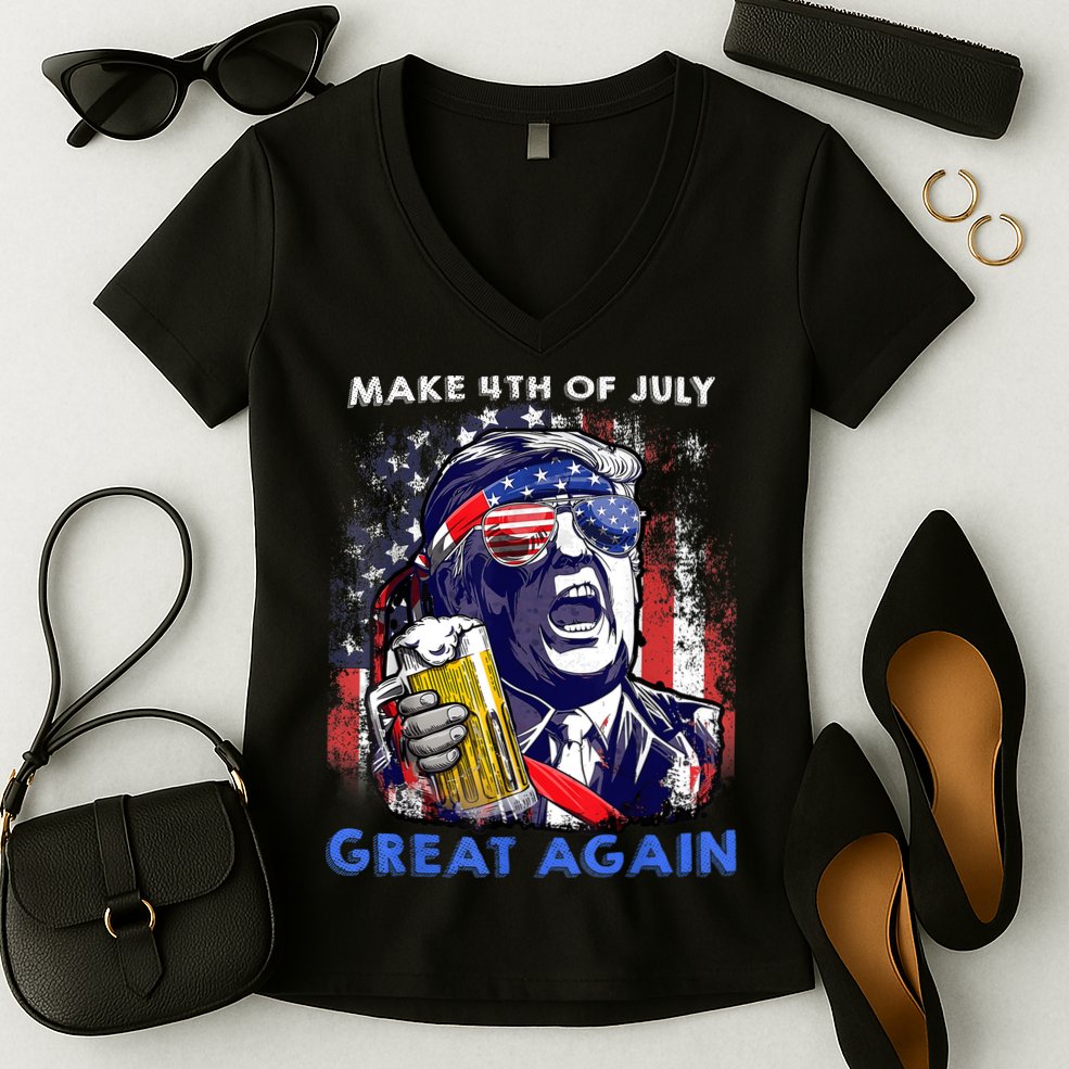 Make 4th Of July Great Again Funny Trump Drinking Beer Women's V-Neck T-Shirt