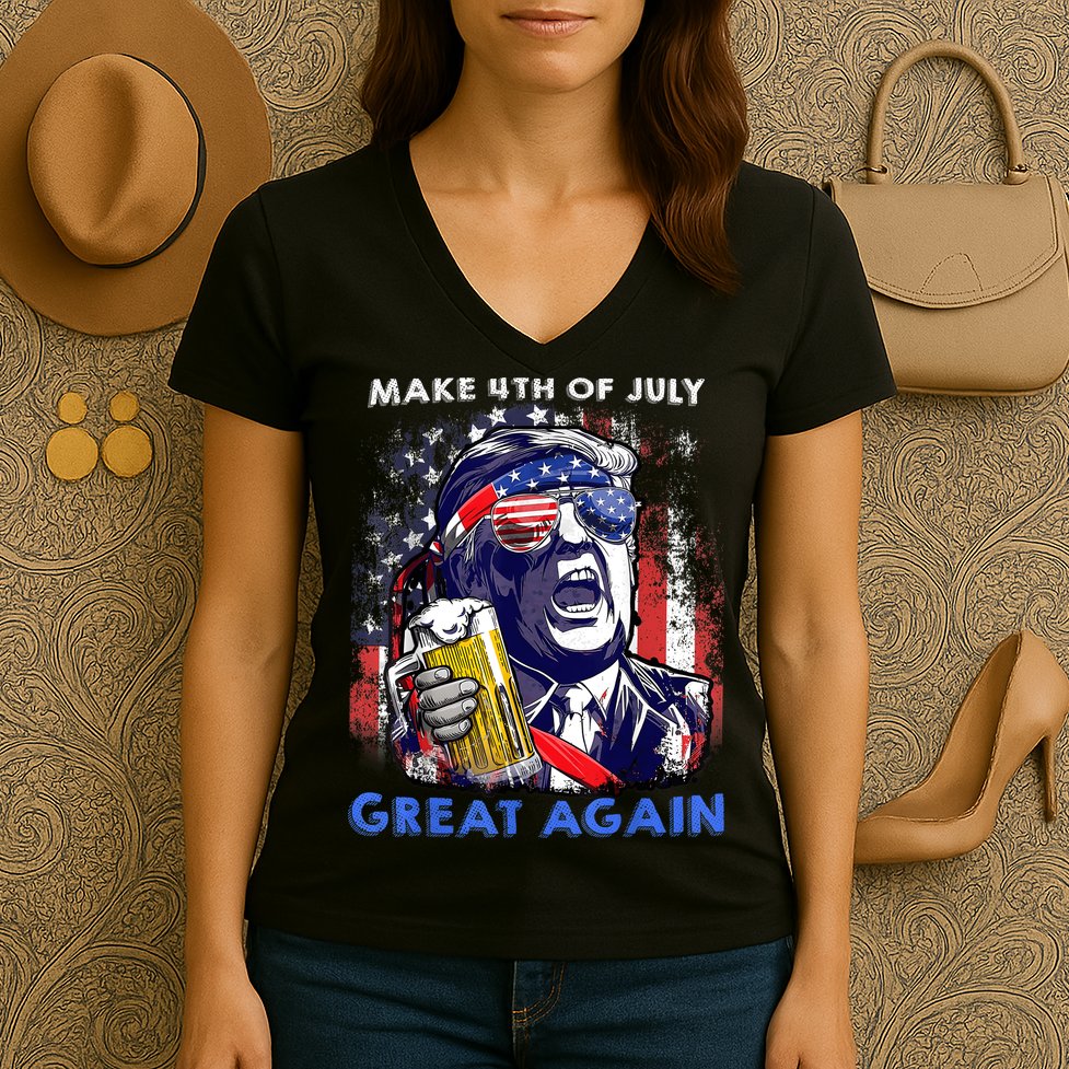 Make 4th Of July Great Again Funny Trump Drinking Beer Women's V-Neck T-Shirt