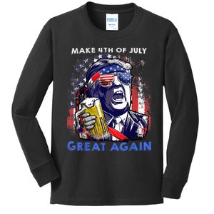 Make 4th Of July Great Again Funny Trump Drinking Beer Kids Long Sleeve Shirt