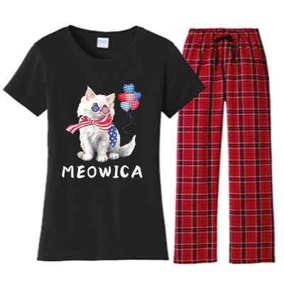 Meowica 4th Of July Cat American Flag Funny Women's Flannel Pajama Set