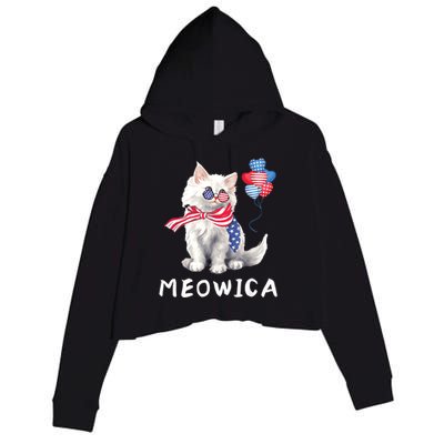 Meowica 4th Of July Cat American Flag Funny Crop Fleece Hoodie