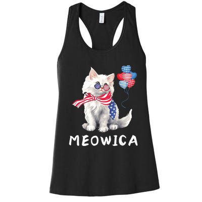 Meowica 4th Of July Cat American Flag Funny Women's Racerback Tank