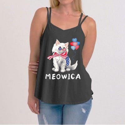 Meowica 4th Of July Cat American Flag Funny Women's Strappy Tank