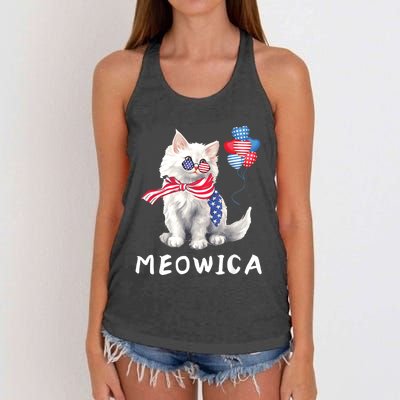 Meowica 4th Of July Cat American Flag Funny Women's Knotted Racerback Tank