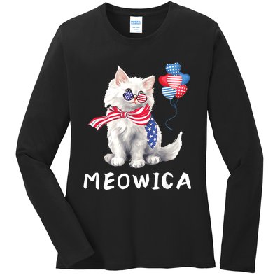 Meowica 4th Of July Cat American Flag Funny Ladies Long Sleeve Shirt