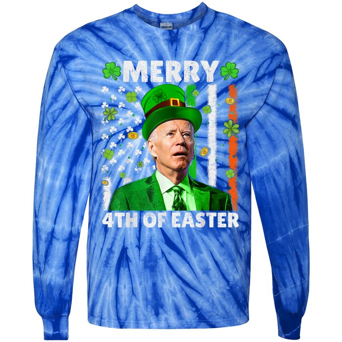 Merry 4th Of St Patricks Day Joe Biden Leprechaun Hat Clover Gift Tie-Dye Long Sleeve Shirt