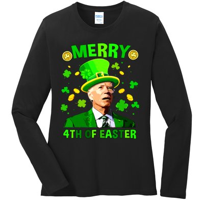 Merry 4th Of St Patricks Day Funny Joe Biden Leprechaun Hat Ladies Long Sleeve Shirt