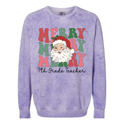 Merry 7th Grade Teacher Retro Groovy Santa Face Christmas Funny Gift Colorblast Crewneck Sweatshirt