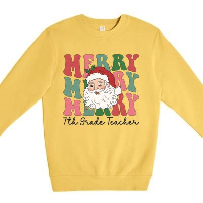 Merry 7th Grade Teacher Retro Groovy Santa Face Christmas Funny Gift Premium Crewneck Sweatshirt