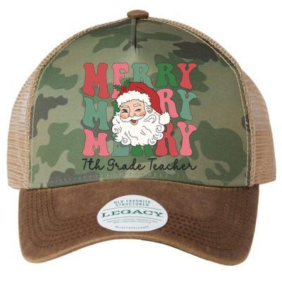 Merry 7th Grade Teacher Retro Groovy Santa Face Christmas Funny Gift Legacy Tie Dye Trucker Hat