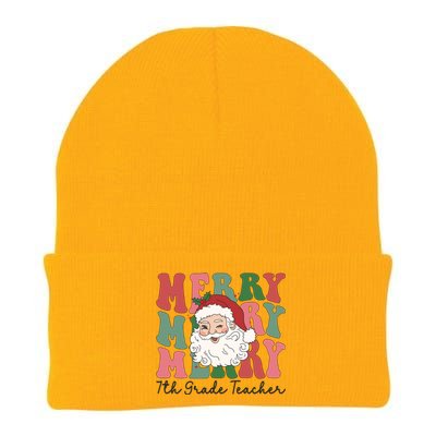 Merry 7th Grade Teacher Retro Groovy Santa Face Christmas Funny Gift Knit Cap Winter Beanie