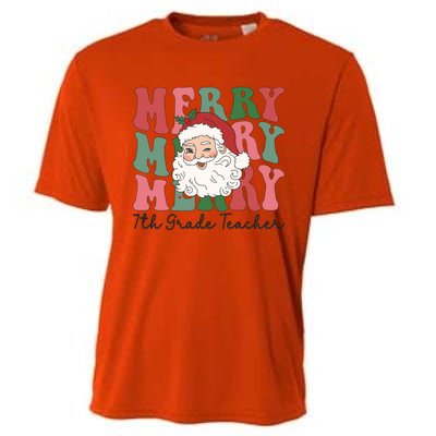 Merry 7th Grade Teacher Retro Groovy Santa Face Christmas Funny Gift Cooling Performance Crew T-Shirt