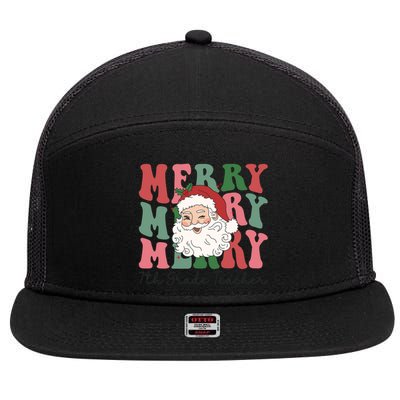 Merry 7th Grade Teacher Retro Groovy Santa Face Christmas Funny Gift 7 Panel Mesh Trucker Snapback Hat