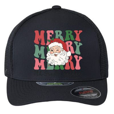 Merry 7th Grade Teacher Retro Groovy Santa Face Christmas Funny Gift Flexfit Unipanel Trucker Cap