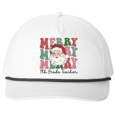 Merry 7th Grade Teacher Retro Groovy Santa Face Christmas Funny Gift Snapback Five-Panel Rope Hat