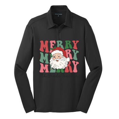 Merry 7th Grade Teacher Retro Groovy Santa Face Christmas Funny Gift Silk Touch Performance Long Sleeve Polo