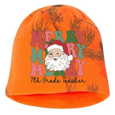 Merry 7th Grade Teacher Retro Groovy Santa Face Christmas Funny Gift Kati - Camo Knit Beanie