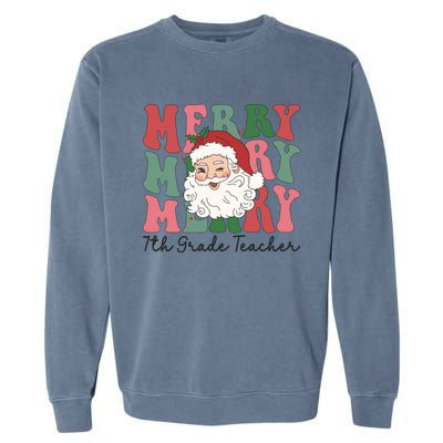 Merry 7th Grade Teacher Retro Groovy Santa Face Christmas Funny Gift Garment-Dyed Sweatshirt