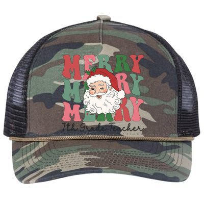 Merry 7th Grade Teacher Retro Groovy Santa Face Christmas Funny Gift Retro Rope Trucker Hat Cap