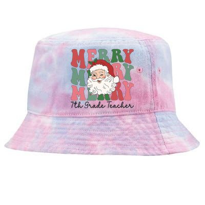 Merry 7th Grade Teacher Retro Groovy Santa Face Christmas Funny Gift Tie-Dyed Bucket Hat