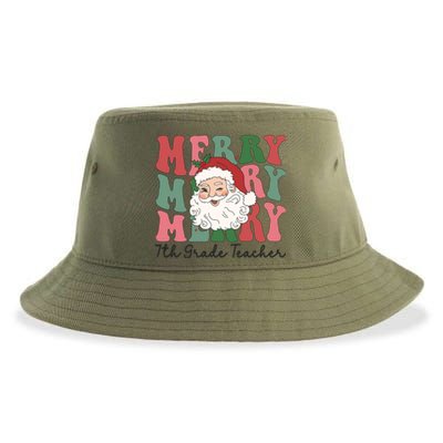 Merry 7th Grade Teacher Retro Groovy Santa Face Christmas Funny Gift Sustainable Bucket Hat