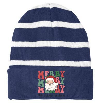 Merry 7th Grade Teacher Retro Groovy Santa Face Christmas Funny Gift Striped Beanie with Solid Band