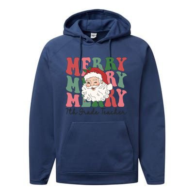 Merry 7th Grade Teacher Retro Groovy Santa Face Christmas Funny Gift Performance Fleece Hoodie