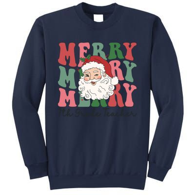 Merry 7th Grade Teacher Retro Groovy Santa Face Christmas Funny Gift Sweatshirt