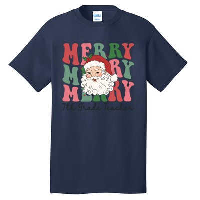 Merry 7th Grade Teacher Retro Groovy Santa Face Christmas Funny Gift Tall T-Shirt