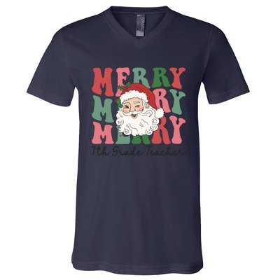 Merry 7th Grade Teacher Retro Groovy Santa Face Christmas Funny Gift V-Neck T-Shirt