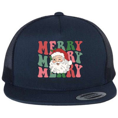 Merry 7th Grade Teacher Retro Groovy Santa Face Christmas Funny Gift Flat Bill Trucker Hat