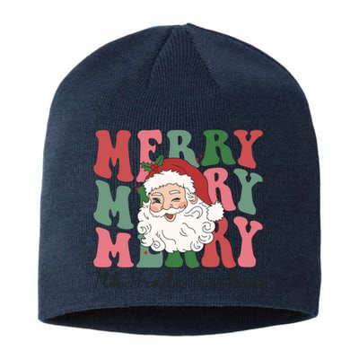 Merry 7th Grade Teacher Retro Groovy Santa Face Christmas Funny Gift Sustainable Beanie