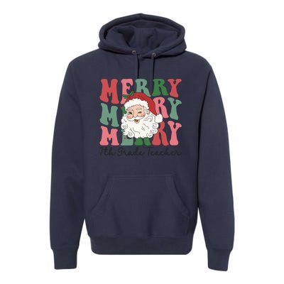 Merry 7th Grade Teacher Retro Groovy Santa Face Christmas Funny Gift Premium Hoodie