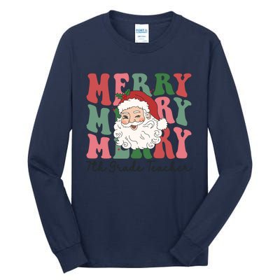 Merry 7th Grade Teacher Retro Groovy Santa Face Christmas Funny Gift Tall Long Sleeve T-Shirt