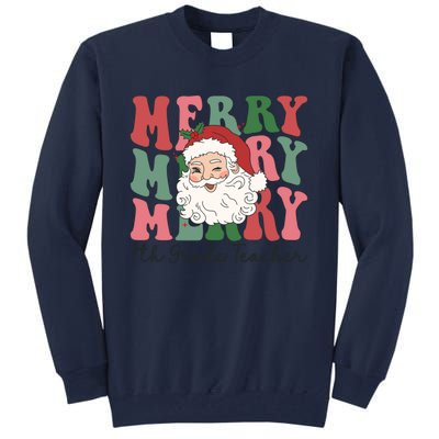 Merry 7th Grade Teacher Retro Groovy Santa Face Christmas Funny Gift Tall Sweatshirt