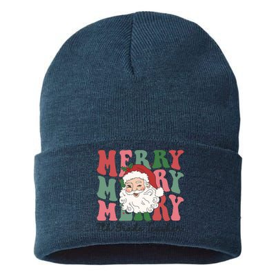 Merry 7th Grade Teacher Retro Groovy Santa Face Christmas Funny Gift Sustainable Knit Beanie