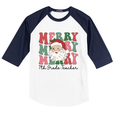 Merry 7th Grade Teacher Retro Groovy Santa Face Christmas Funny Gift Baseball Sleeve Shirt