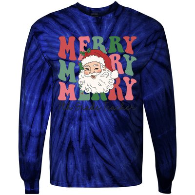 Merry 7th Grade Teacher Retro Groovy Santa Face Christmas Funny Gift Tie-Dye Long Sleeve Shirt