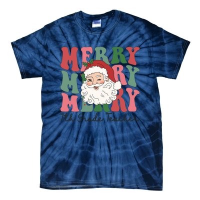 Merry 7th Grade Teacher Retro Groovy Santa Face Christmas Funny Gift Tie-Dye T-Shirt