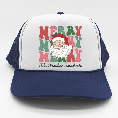 Merry 7th Grade Teacher Retro Groovy Santa Face Christmas Funny Gift Trucker Hat