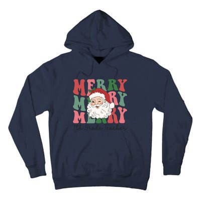 Merry 7th Grade Teacher Retro Groovy Santa Face Christmas Funny Gift Tall Hoodie