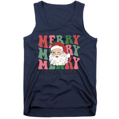 Merry 7th Grade Teacher Retro Groovy Santa Face Christmas Funny Gift Tank Top