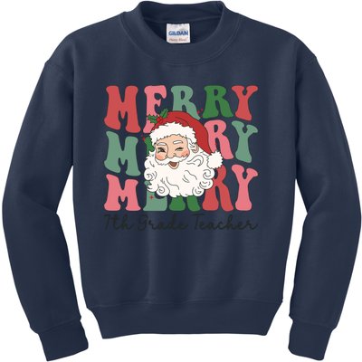 Merry 7th Grade Teacher Retro Groovy Santa Face Christmas Funny Gift Kids Sweatshirt