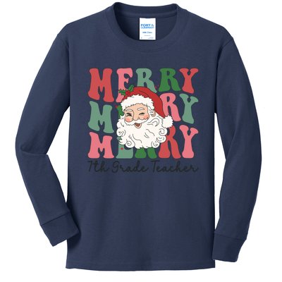 Merry 7th Grade Teacher Retro Groovy Santa Face Christmas Funny Gift Kids Long Sleeve Shirt