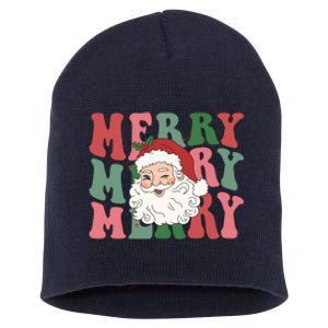 Merry 7th Grade Teacher Retro Groovy Santa Face Christmas Funny Gift Short Acrylic Beanie