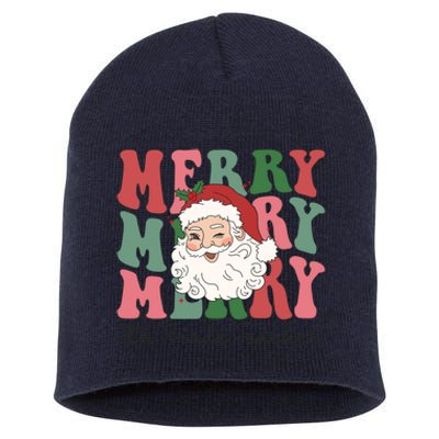 Merry 7th Grade Teacher Retro Groovy Santa Face Christmas Funny Gift Short Acrylic Beanie