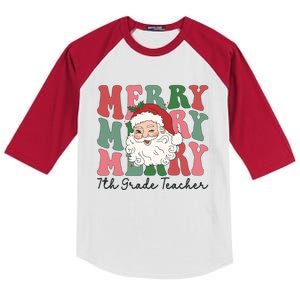 Merry 7th Grade Teacher Retro Groovy Santa Face Christmas Funny Gift Kids Colorblock Raglan Jersey