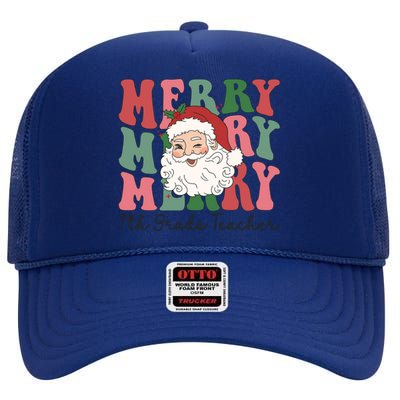 Merry 7th Grade Teacher Retro Groovy Santa Face Christmas Funny Gift High Crown Mesh Back Trucker Hat